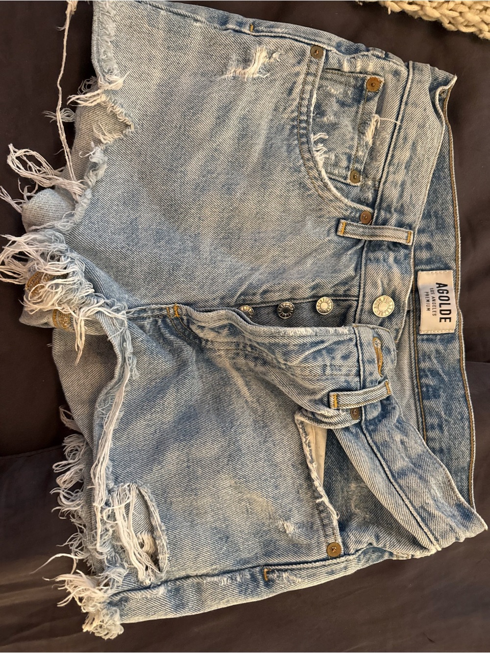 Agolde Light Blue Distressed High-Rise Denim Shorts